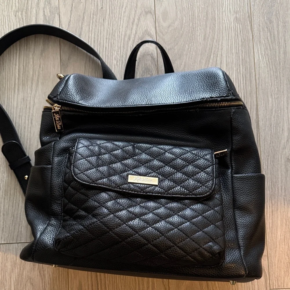 Luli Bebe Black Quilted Leather Backpack Diaper bag Tote with Gold Hardware